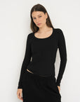 Long Sleeve Fitted Scoop Neck Top - Black