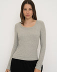 Long Sleeve Fitted Scoop Neck Top - Grey Marle