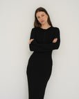 Long Sleeve Henley Maxi Dress - Black