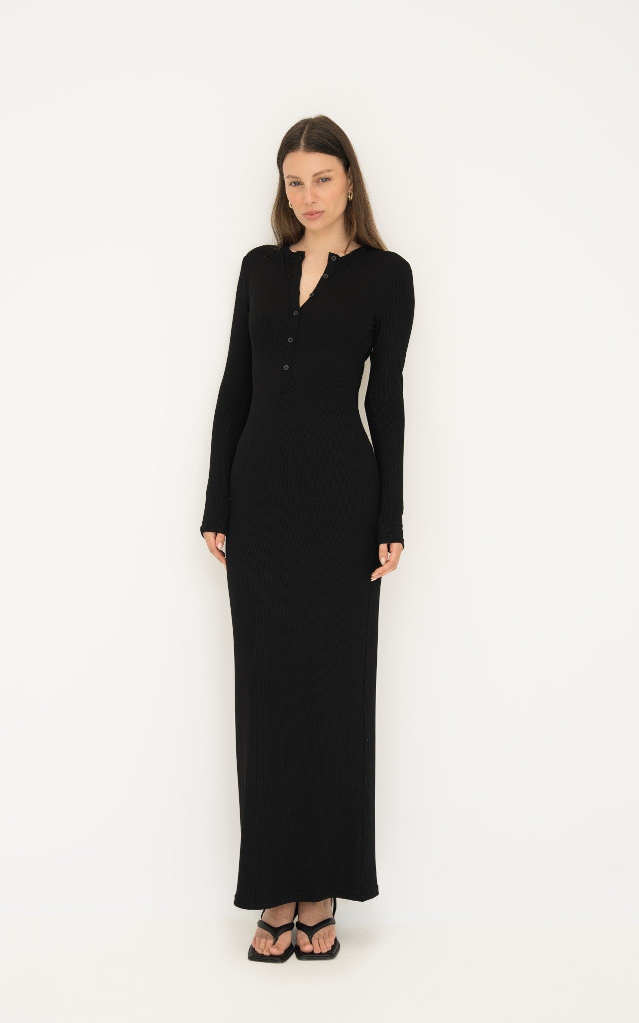 Long Sleeve Henley Maxi Dress - Black