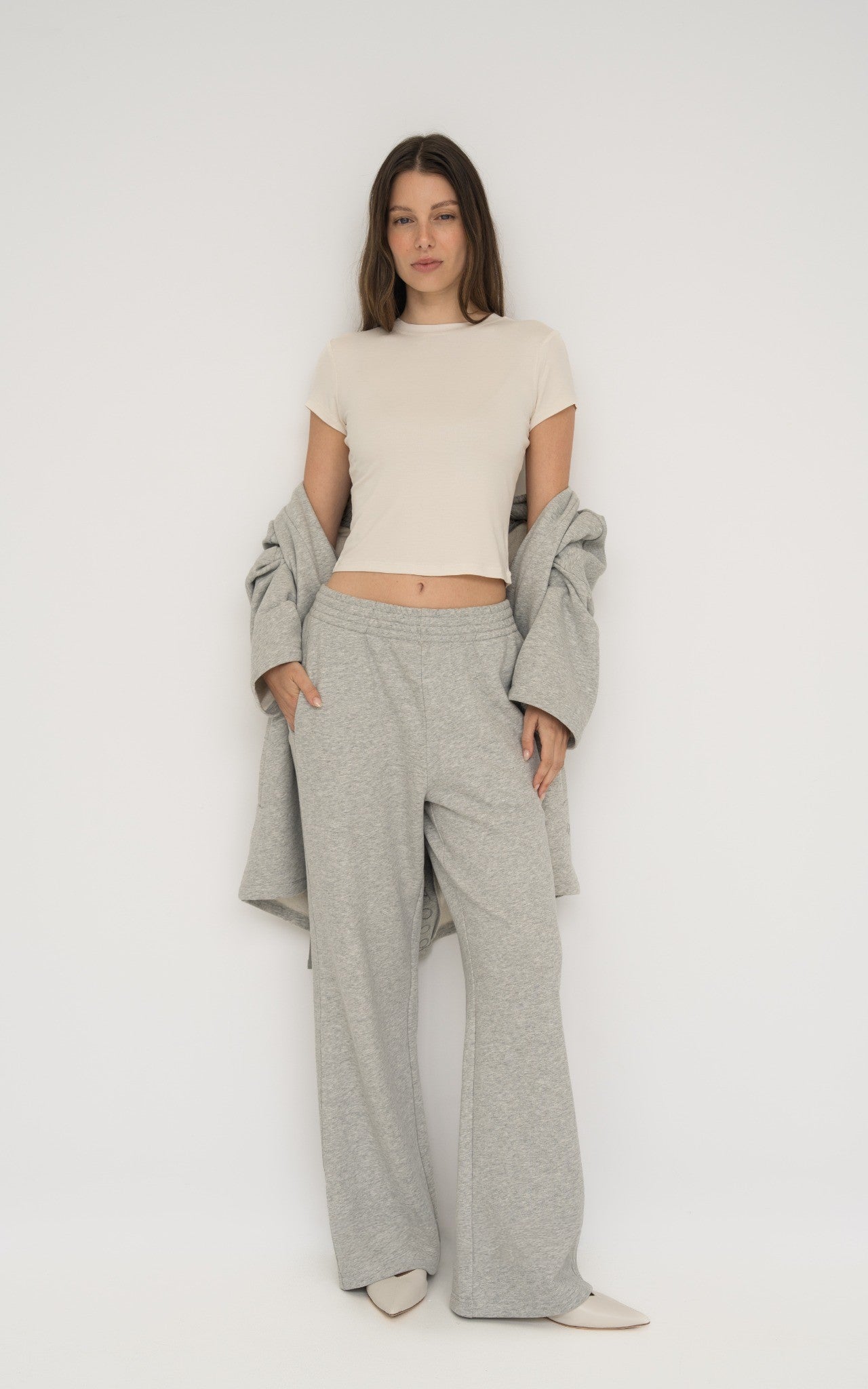 French Terry Wide Leg Pants - Grey Marle