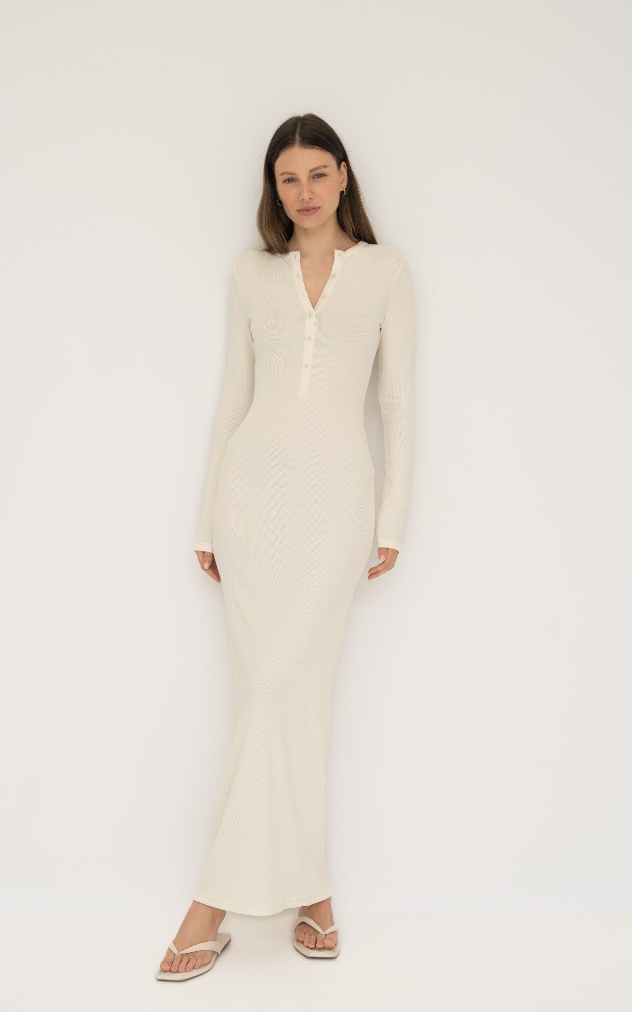 Long Sleeve Henley Maxi Dress - Cream