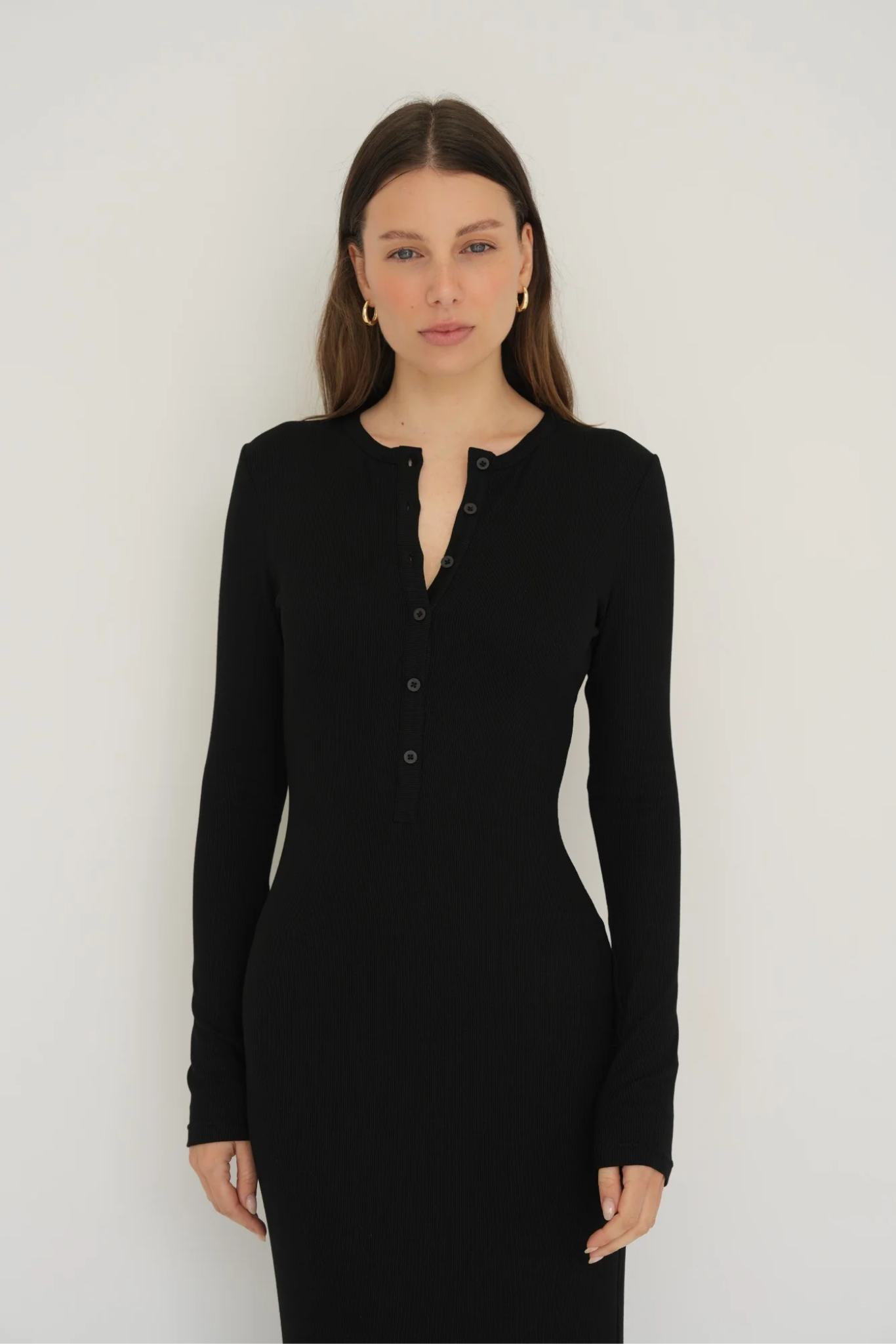 long sleeve henley maxi dress THE LUXE RIB LONG SLEEVE HENLEY MAXI DRESS - BLACK