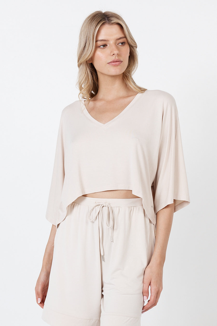 Haut court à col en V - Beige